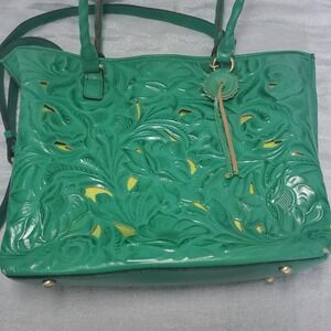 Patricia Nash‎ Adeline Soft Green Leather Floral Embossed Tooled Tote Bag Brass